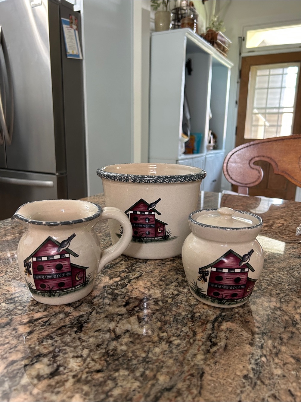 Home & Garden Party Ceramic Birdhouse Crock, Creamer, & Sugar Set
